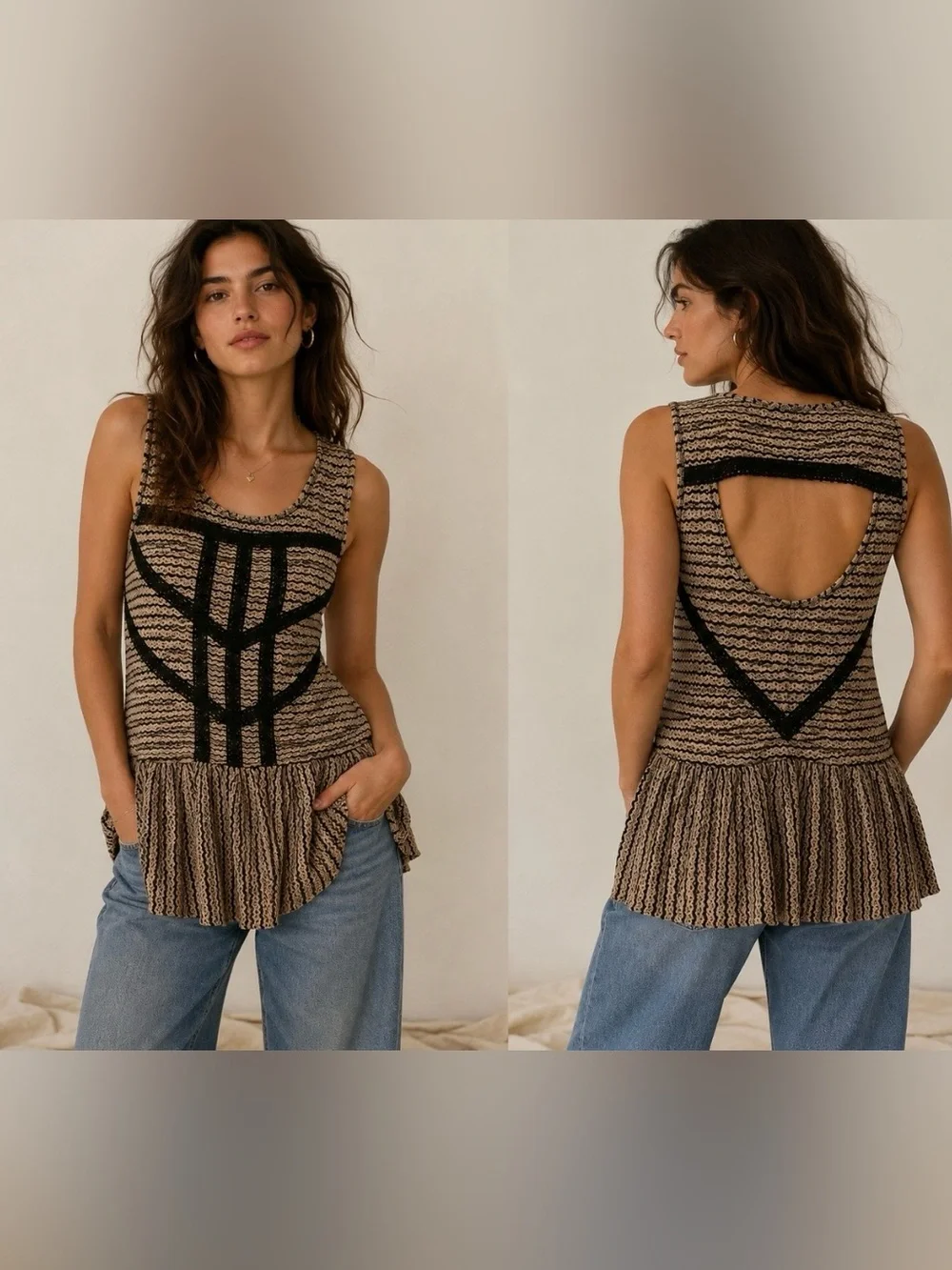 Free People Women’s M Crochet Lace Peplum Top Open Back Boho Black Beige